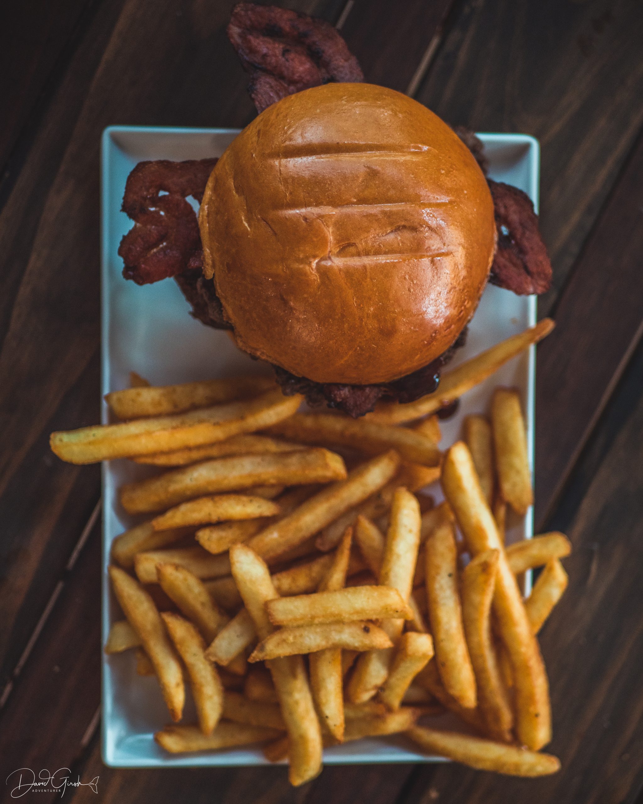 Bacon Burger and chips. Restaurant Menu